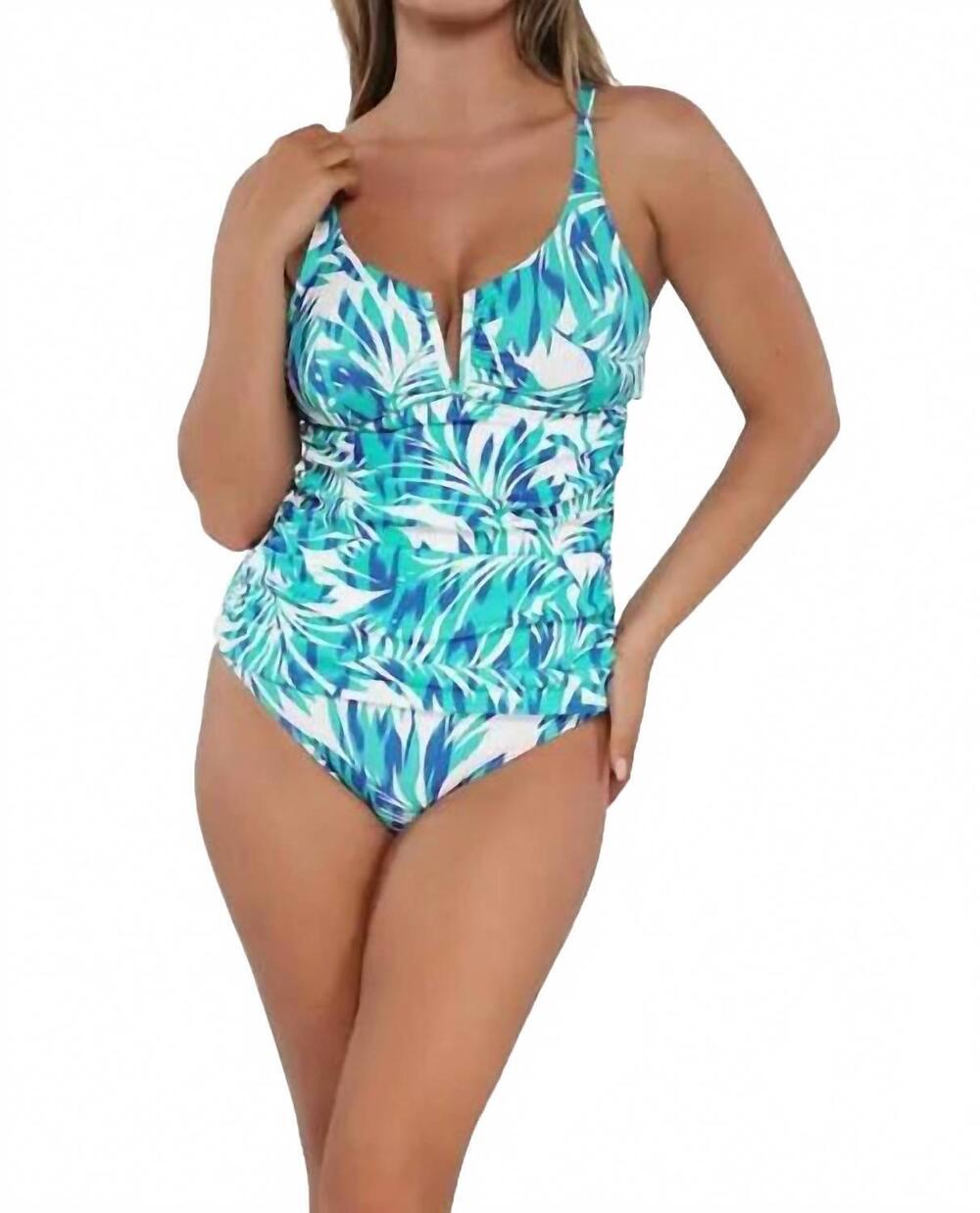 NEW SUNSETS INC. zuri v-wire tankini top in sea breeze sandbar rib